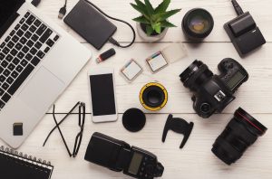 Diverse personal equipment for photographer